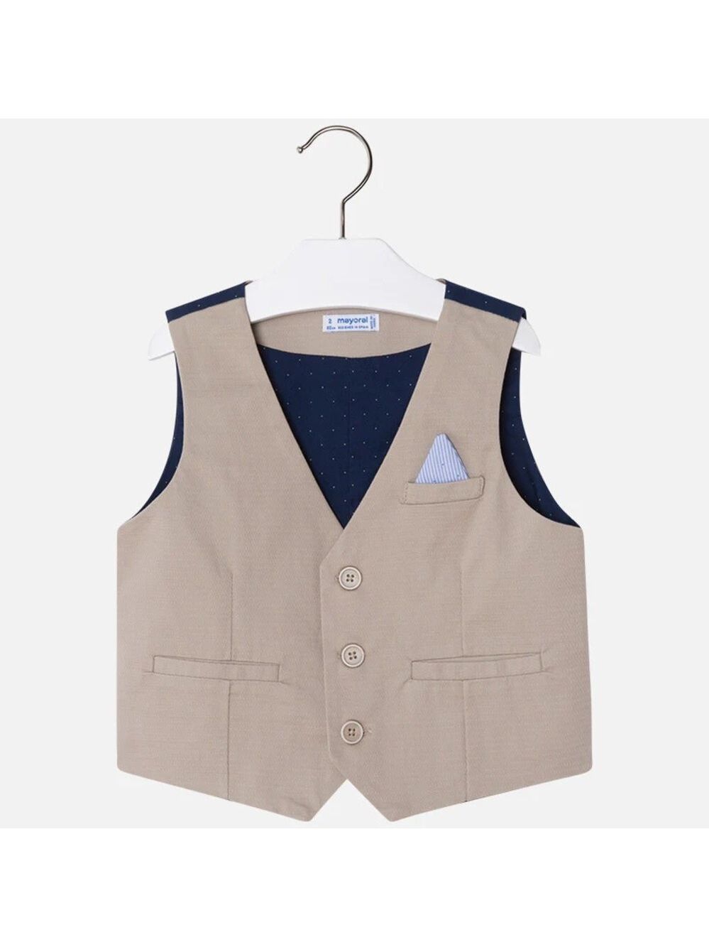 Size 6 Boys Mayoral Beige Vest with Navy Lining and Light Blue Pocket Accent